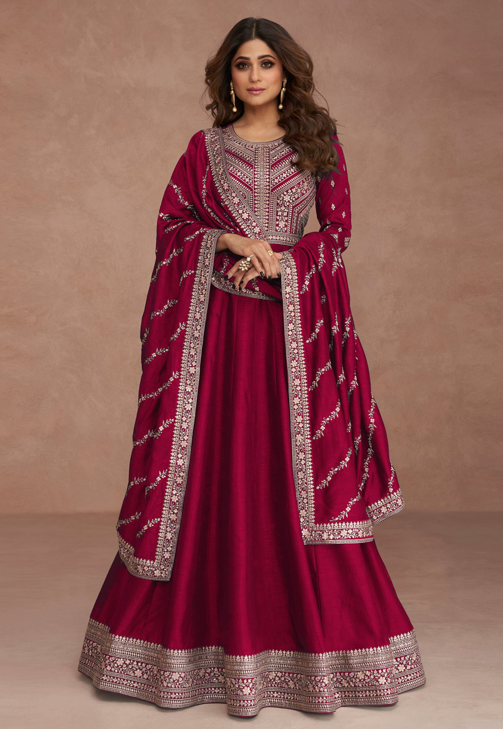 Shamita Shetty Maroon Silk Long Anarkali Suit 265122