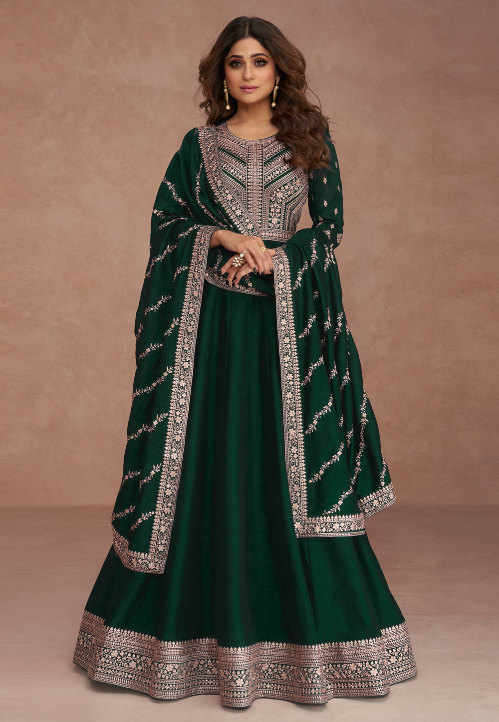 Shamita Shetty Green Silk Abaya Style Anarkali Suit 265123