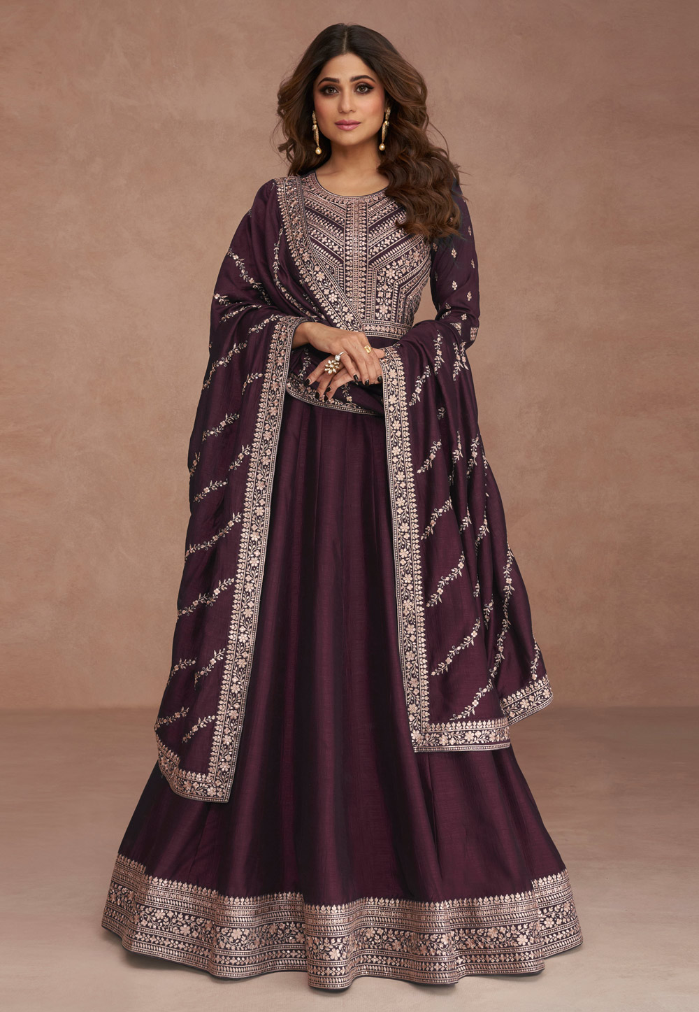 Shamita Shetty Wine Silk Long Anarkali Suit 265124