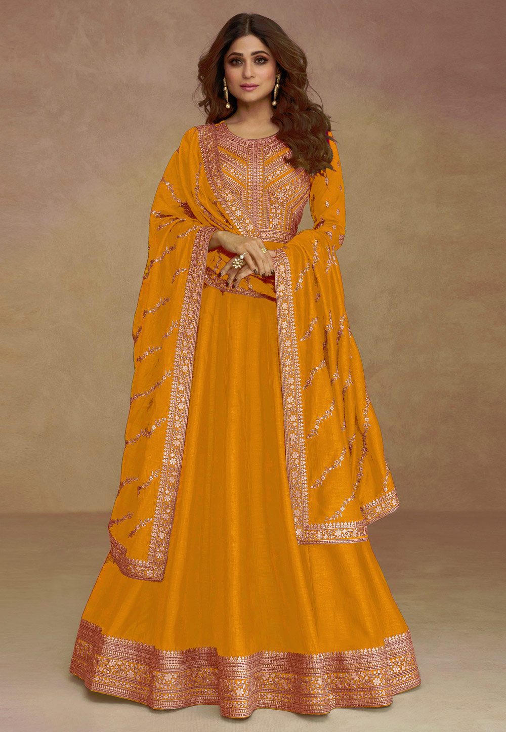 Shamita Shetty Mustard Silk Abaya Style Anarkali Suit 265125