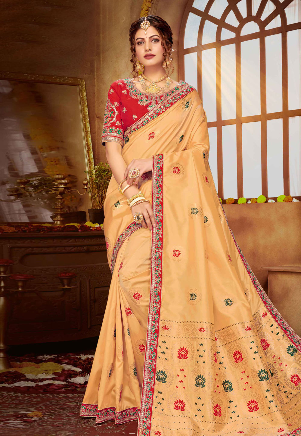 Beige Banarasi Silk Saree With Blouse 201229