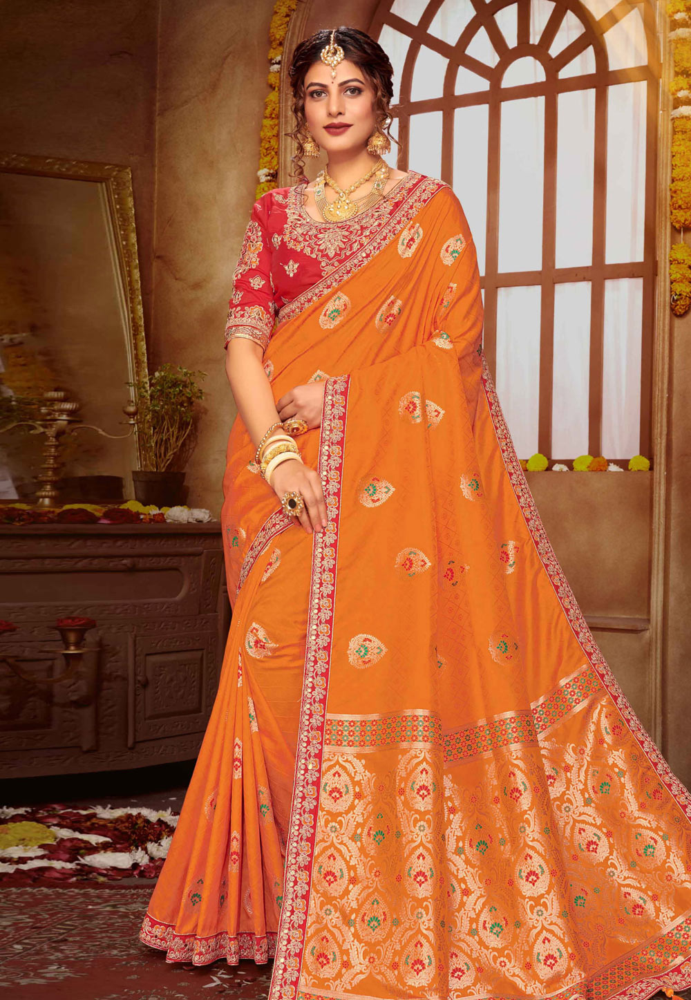 Orange Banarasi Silk Saree With Blouse 201231