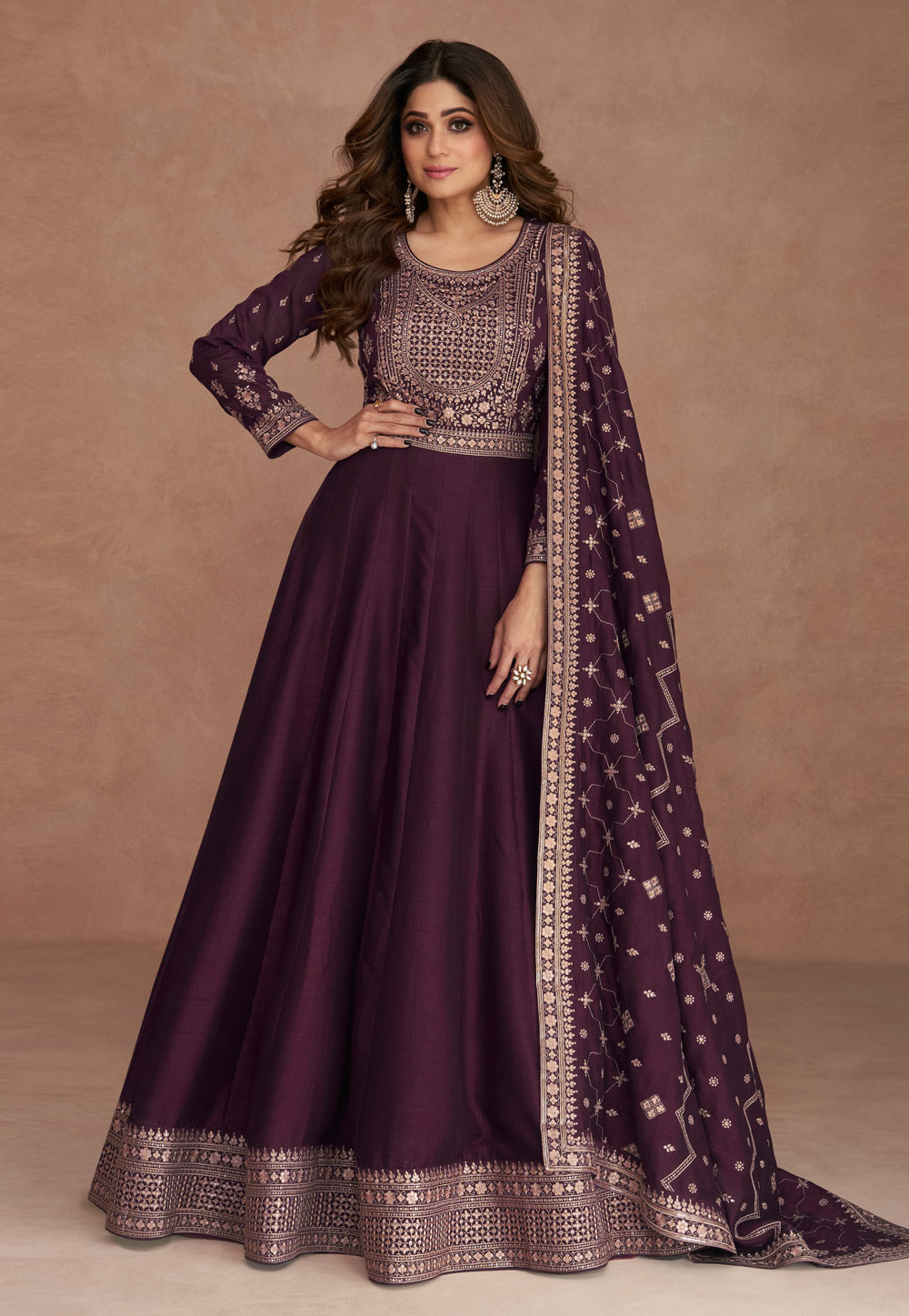Shamita Shetty Wine Silk Long Anarkali Suit 259252
