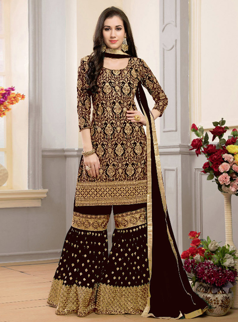 Brown Georgette Sharara Style Suit 142305