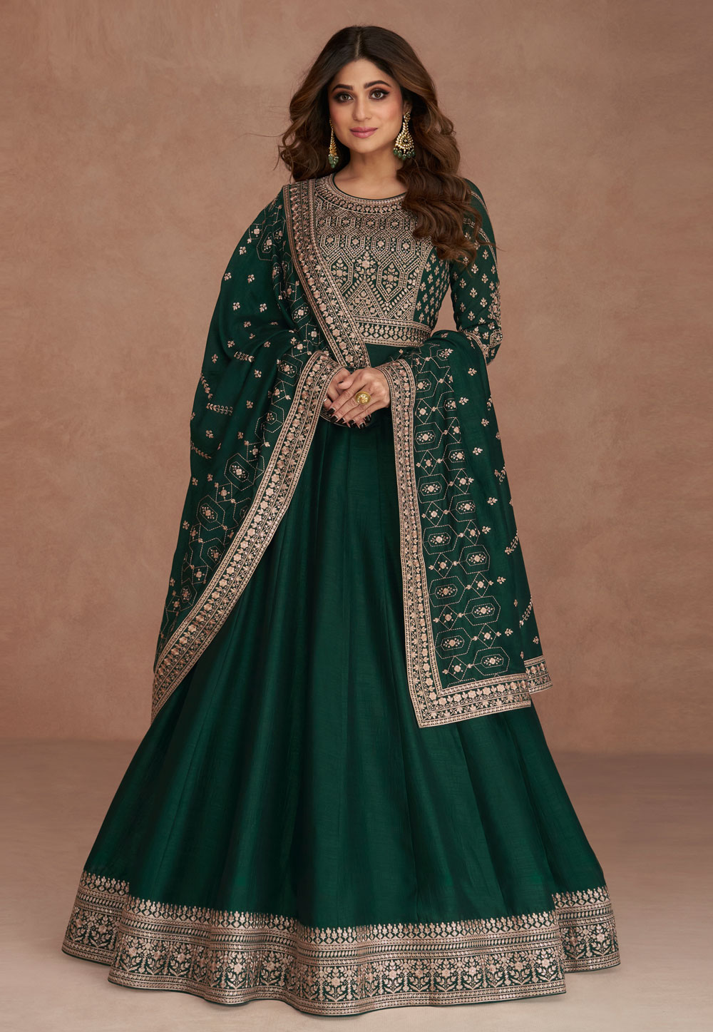 Shamita Shetty Green Silk Abaya Style Anarkali Suit 259253