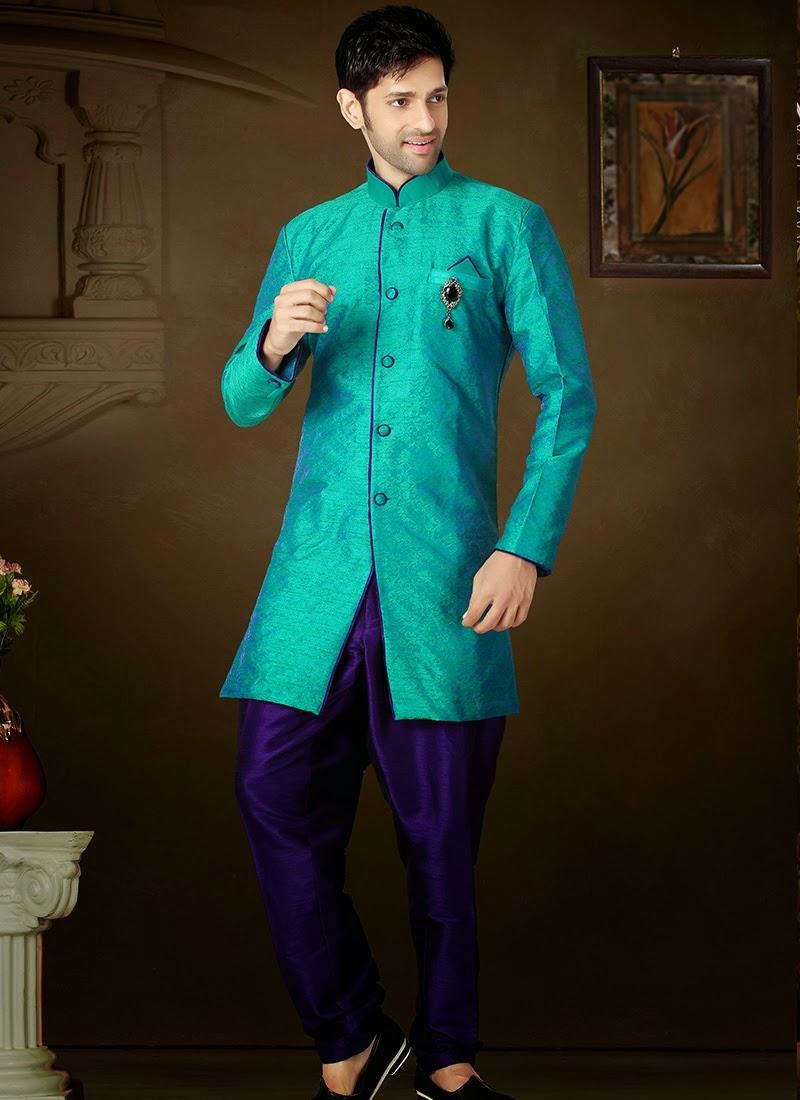 Turquoise Art Silk Readymade Indo Western Suit 40737
