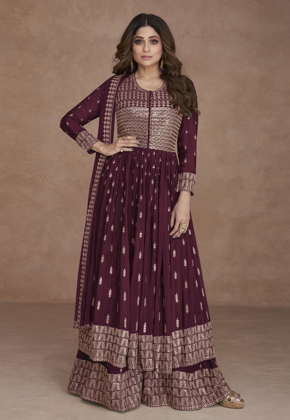 Shamita Shetty Wine Faux Georgette Pakistani Suit 271434