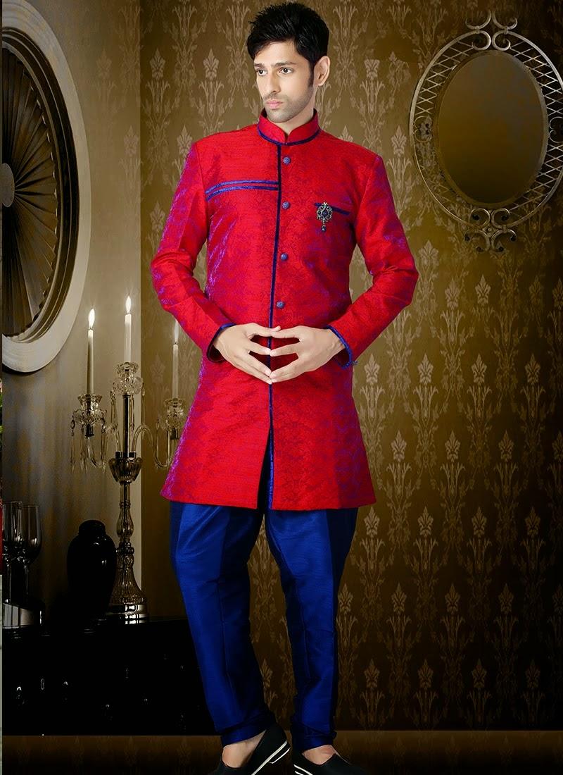 Red Ready Made Jacquard Indo Western Suit 40740