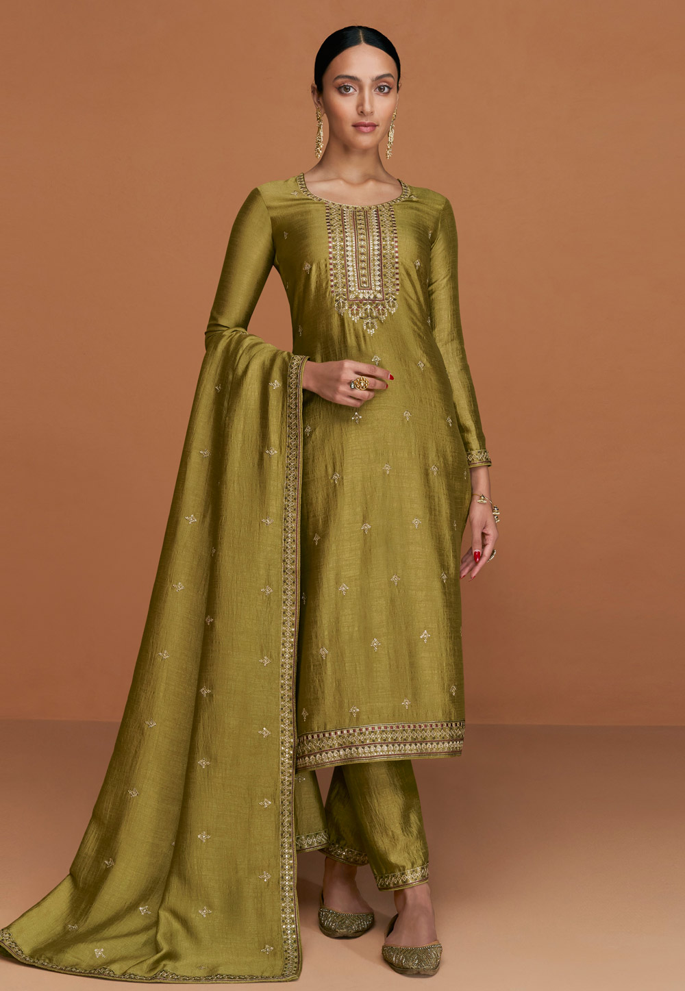 Mehndi Silk Embroidered Pakistani Suit 271094