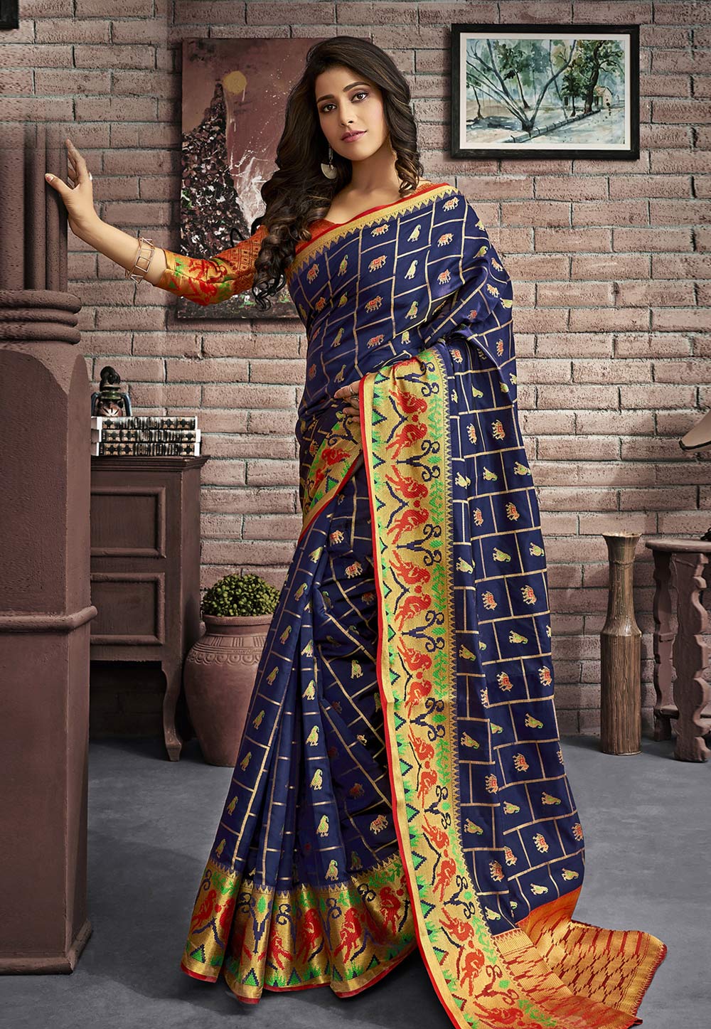 Navy Blue Jacquard Silk Saree With Blouse 201500