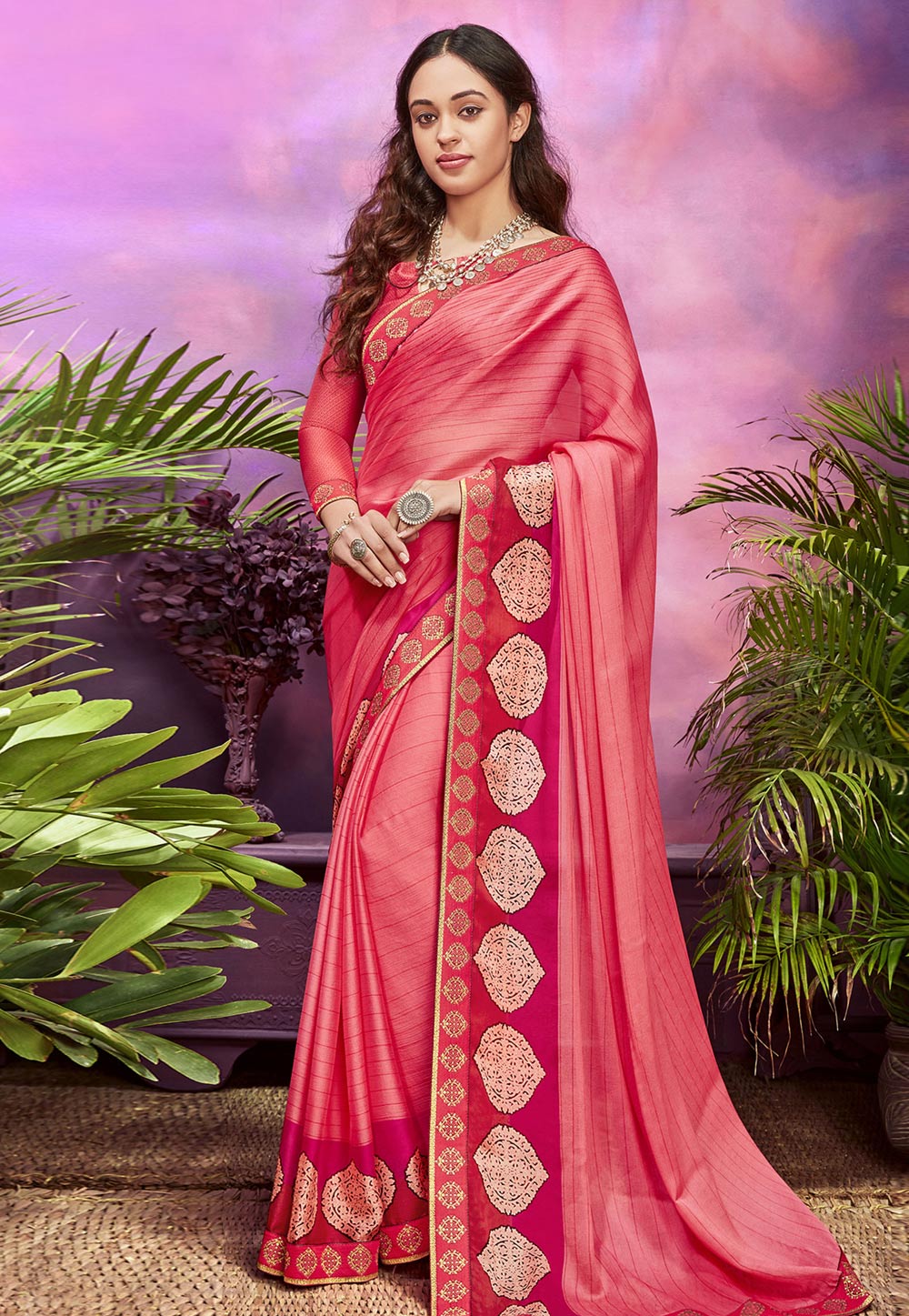 Pink Chiffon Saree With Blouse 201512