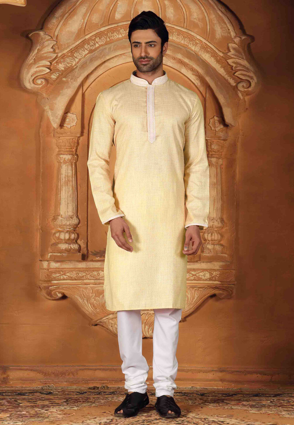 Light Yellow Cotton Readymade Kurta Pajama 166539
