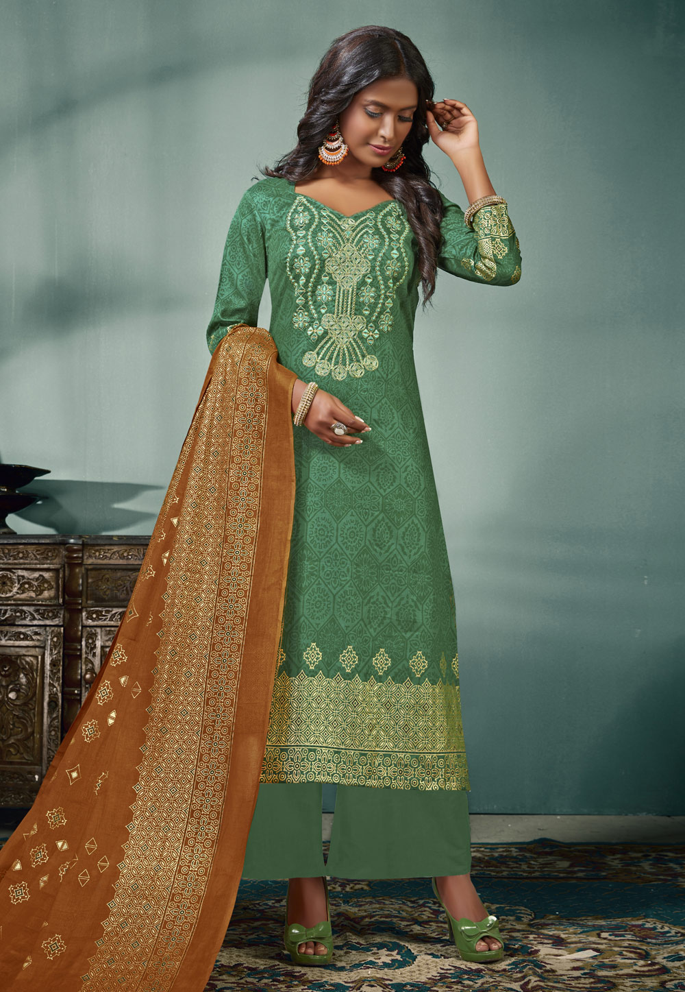 Green Cotton Kameez With Palazzo 166588