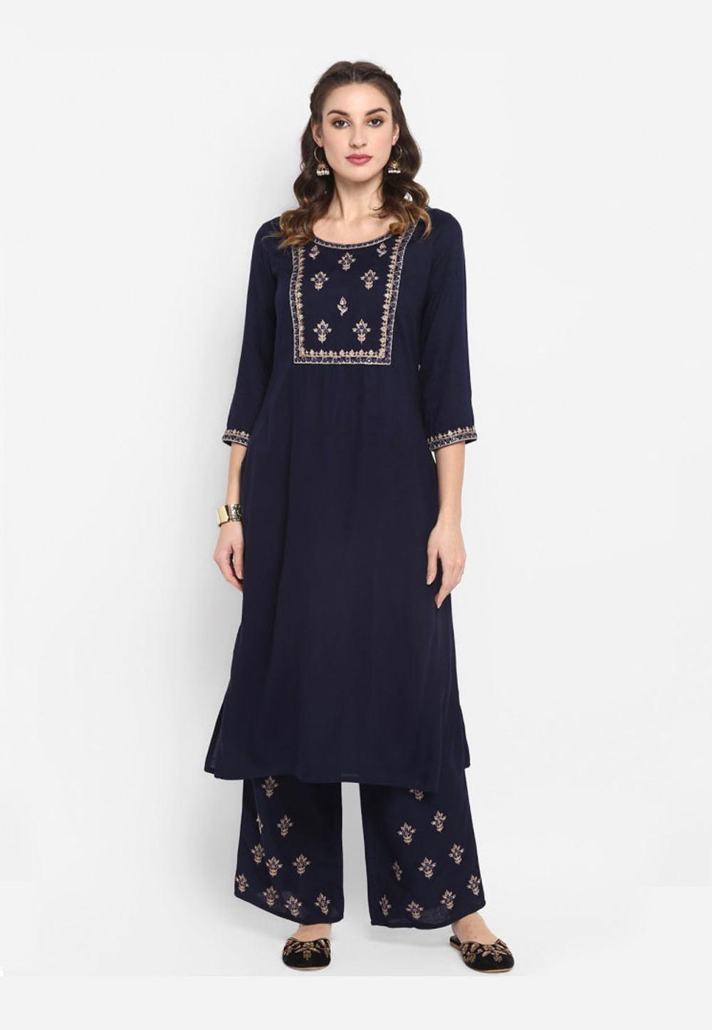 Navy Blue Rayon Readymade Palazzo Suit 203151
