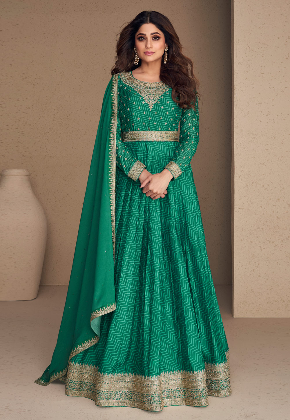 Shamita Shetty Green Chinon Silk Abaya Style Anarkali Suit 264116
