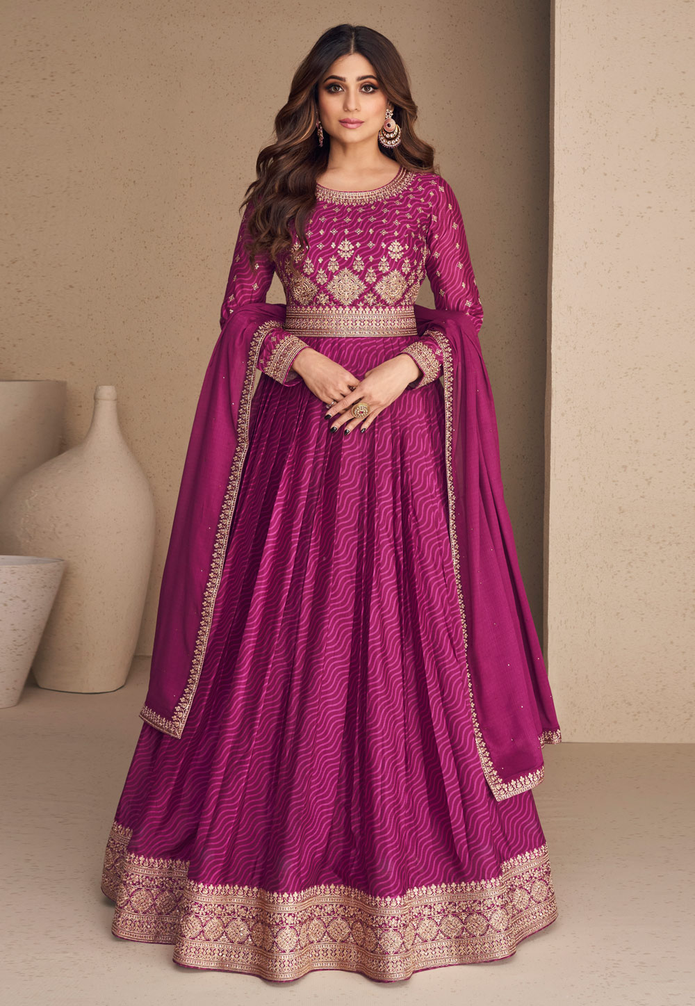 Shamita Shetty Purple Chinon Silk Long Anarkali Suit 264117