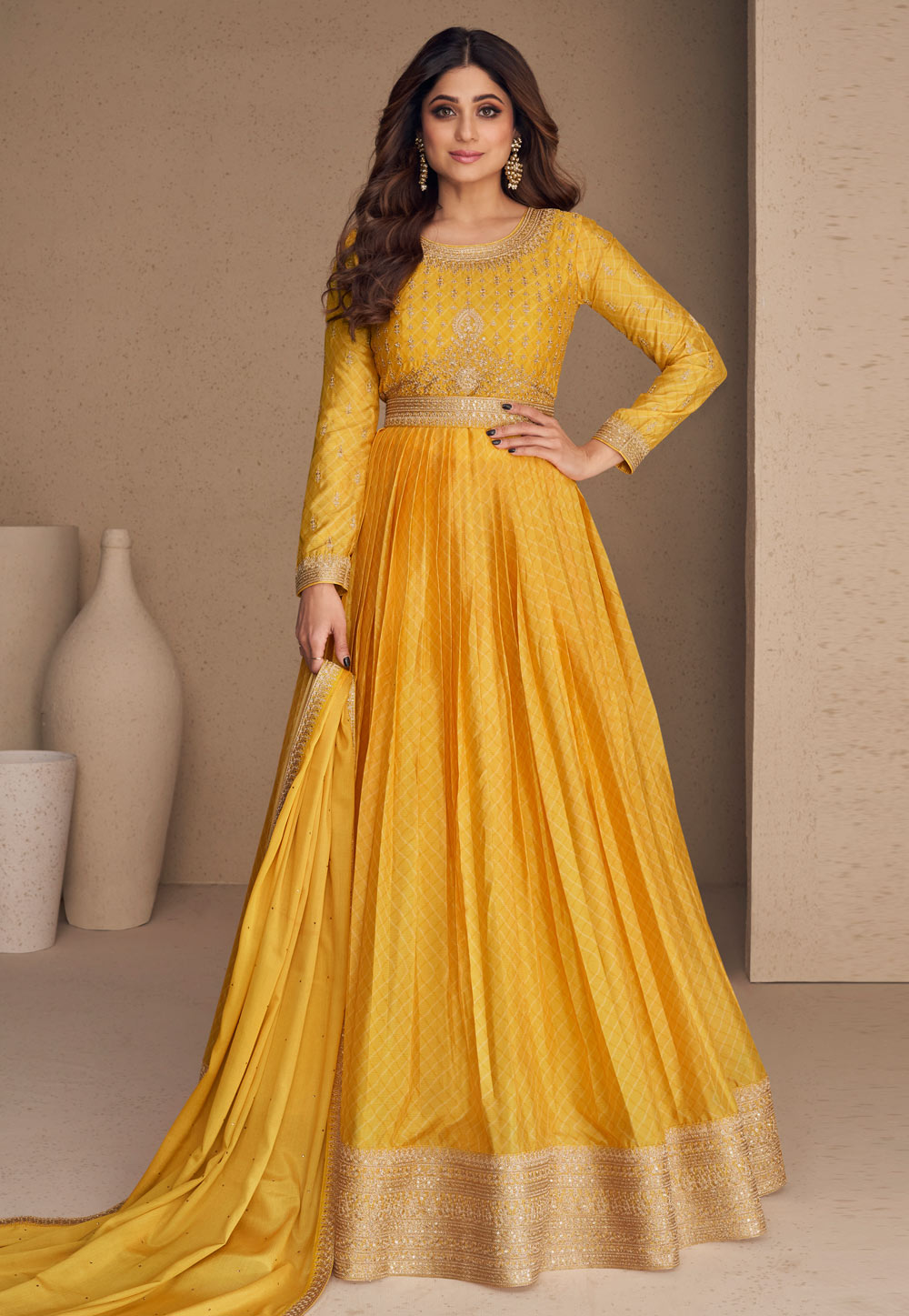 Shamita Shetty Yellow Chinon Silk Abaya Style Anarkali Suit 264118