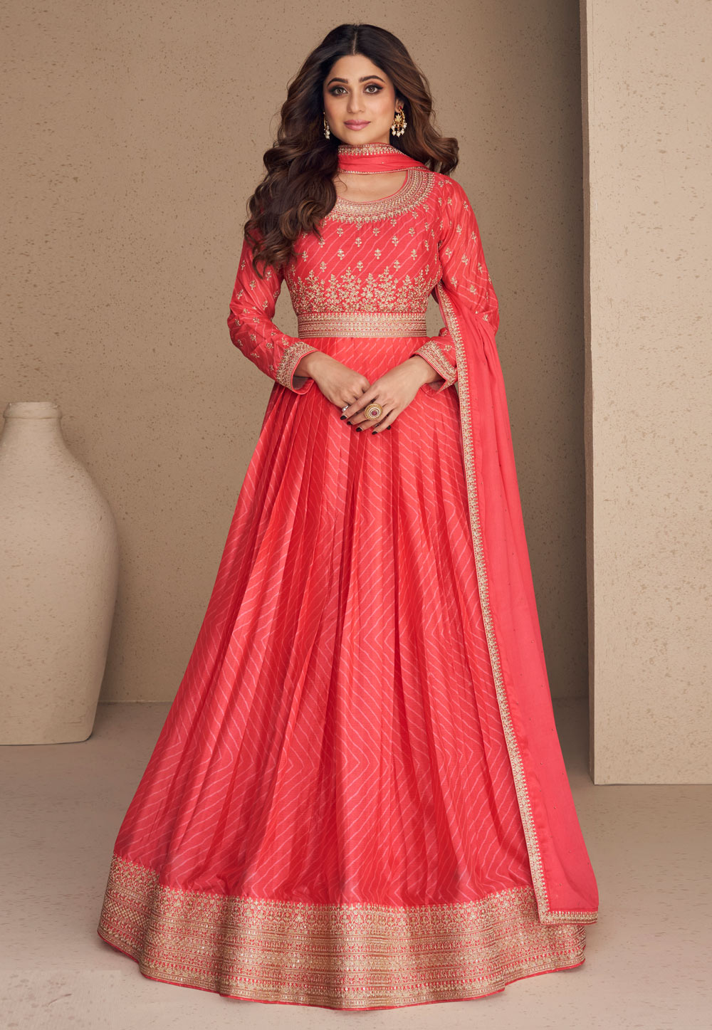 Shamita Shetty Red Chinon Silk Long Anarkali Suit 264119