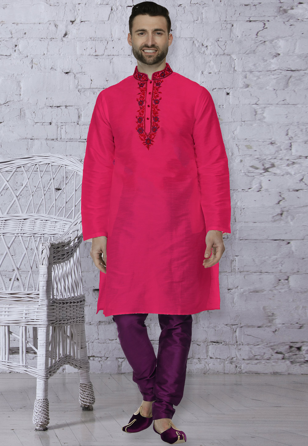 Pink Dupion Silk Readymade Kurta Pajama 203883