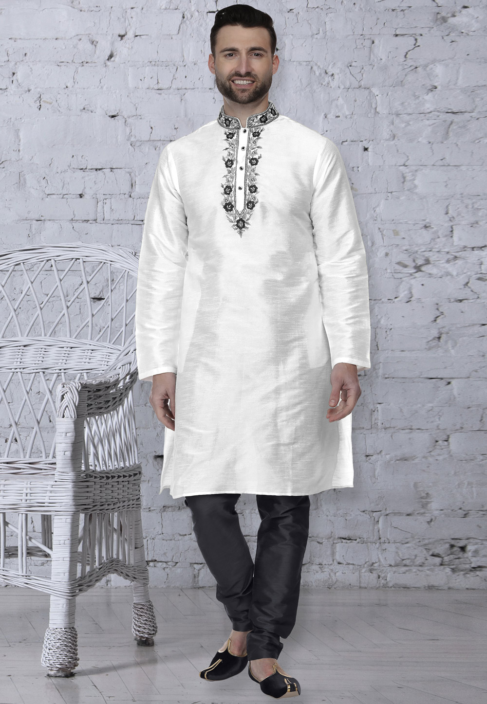 White Dupion Silk Readymade Kurta Pajama 203888