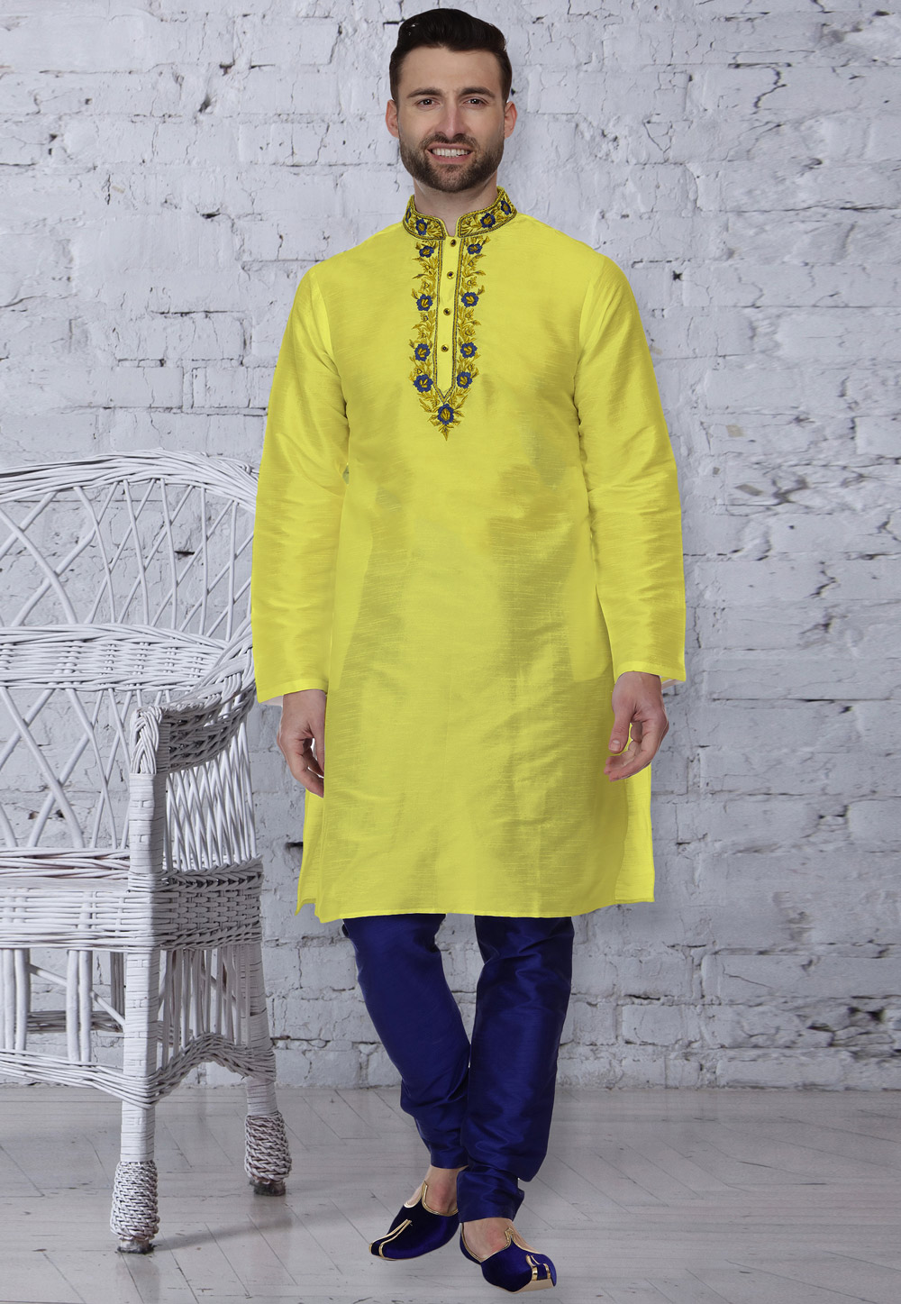 Yellow Dupion Silk Readymade Kurta Pajama 203890
