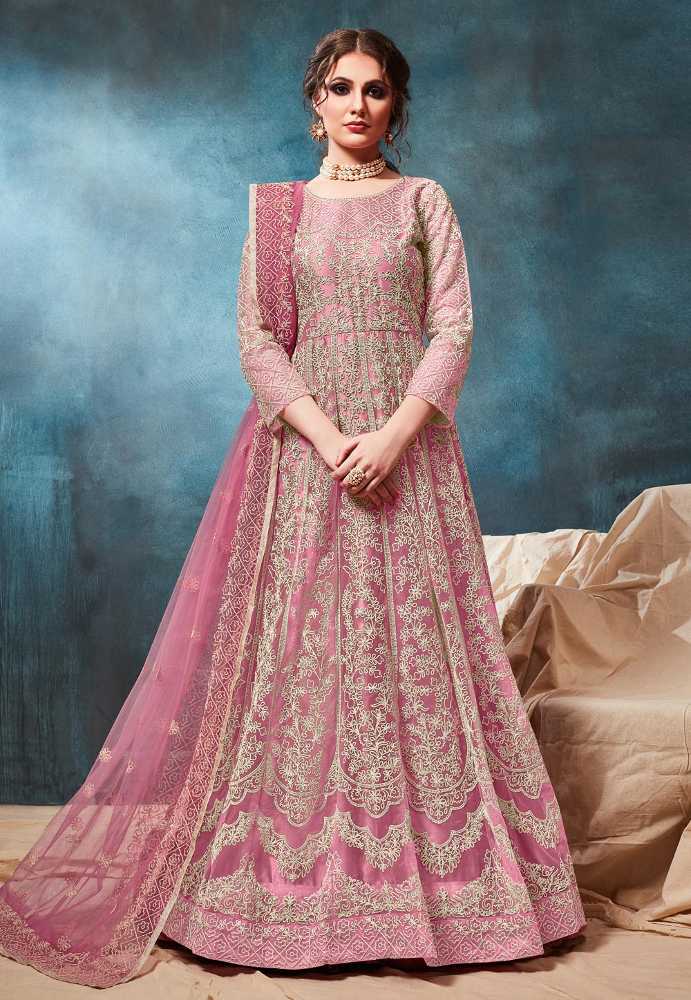 Pink Net Embroidered Long Anarkali Suit 186824