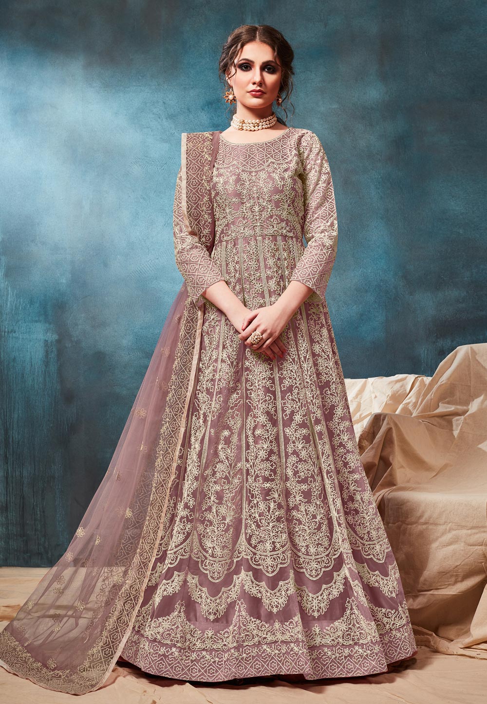 Coral Pink Net Embroidered Abaya Style Anarkali Suit 186825