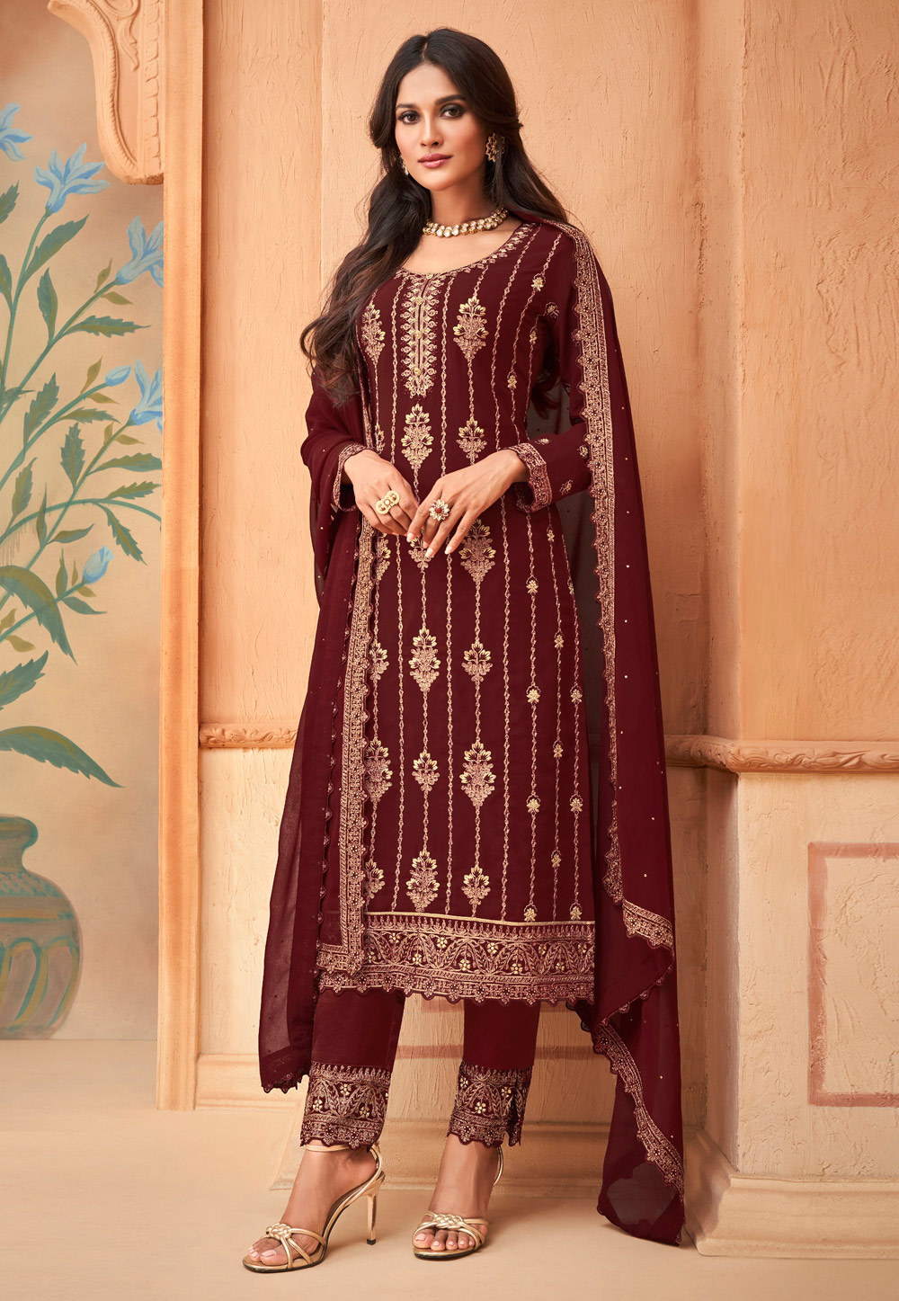 Maroon Faux Georgette Embroidered Pant Style Suit 257770