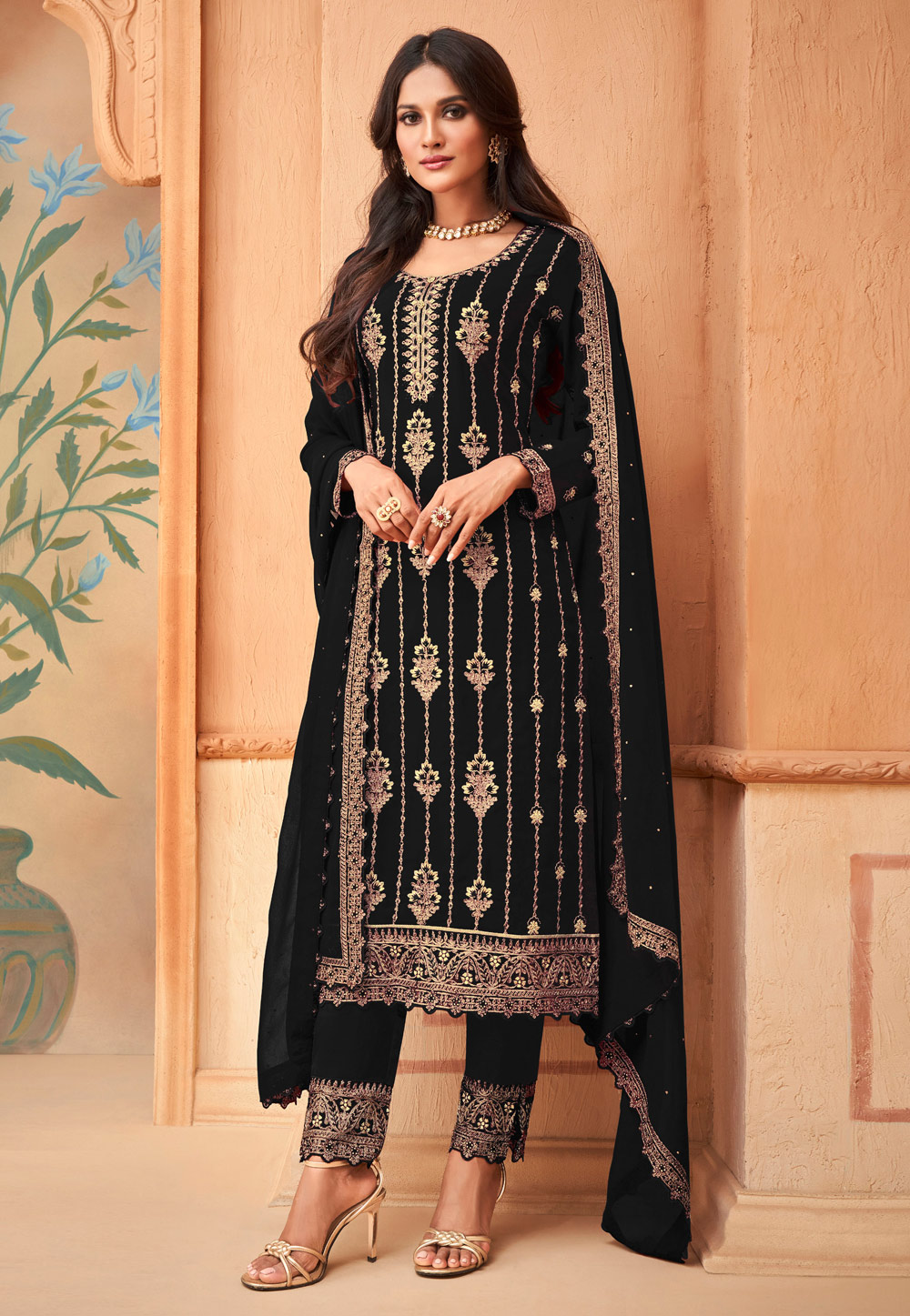 Black Faux Georgette Embroidered Pakistani Suit 257771