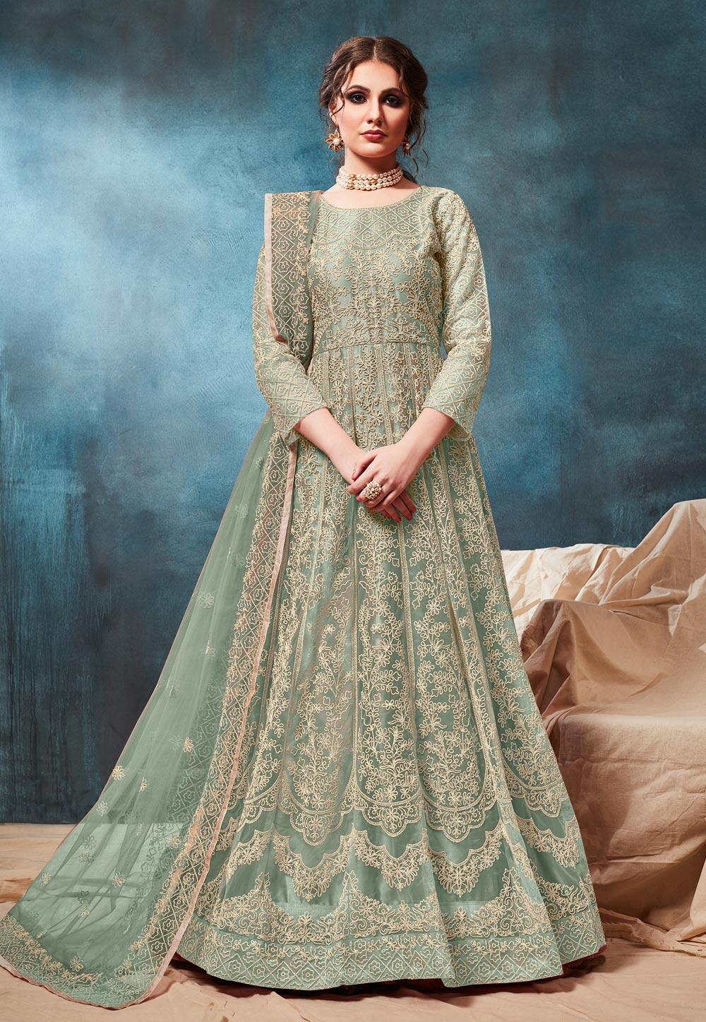 Sea Green Net Embroidered Long Anarkali Suit 186826