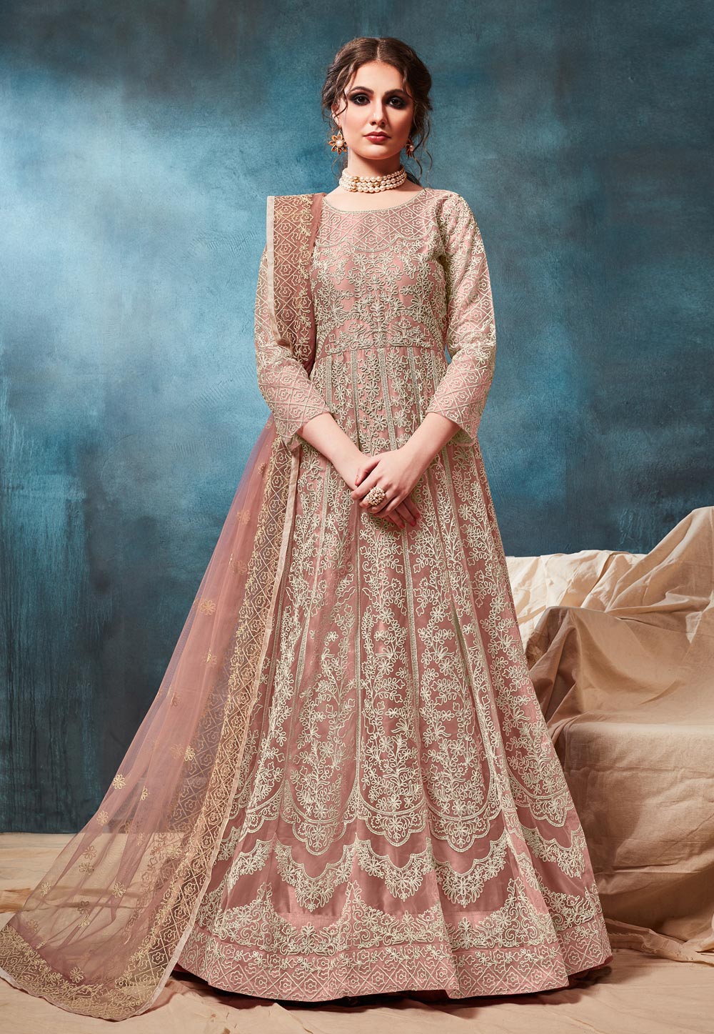 Peach Net Embroidered Abaya Style Anarkali Suit 186827