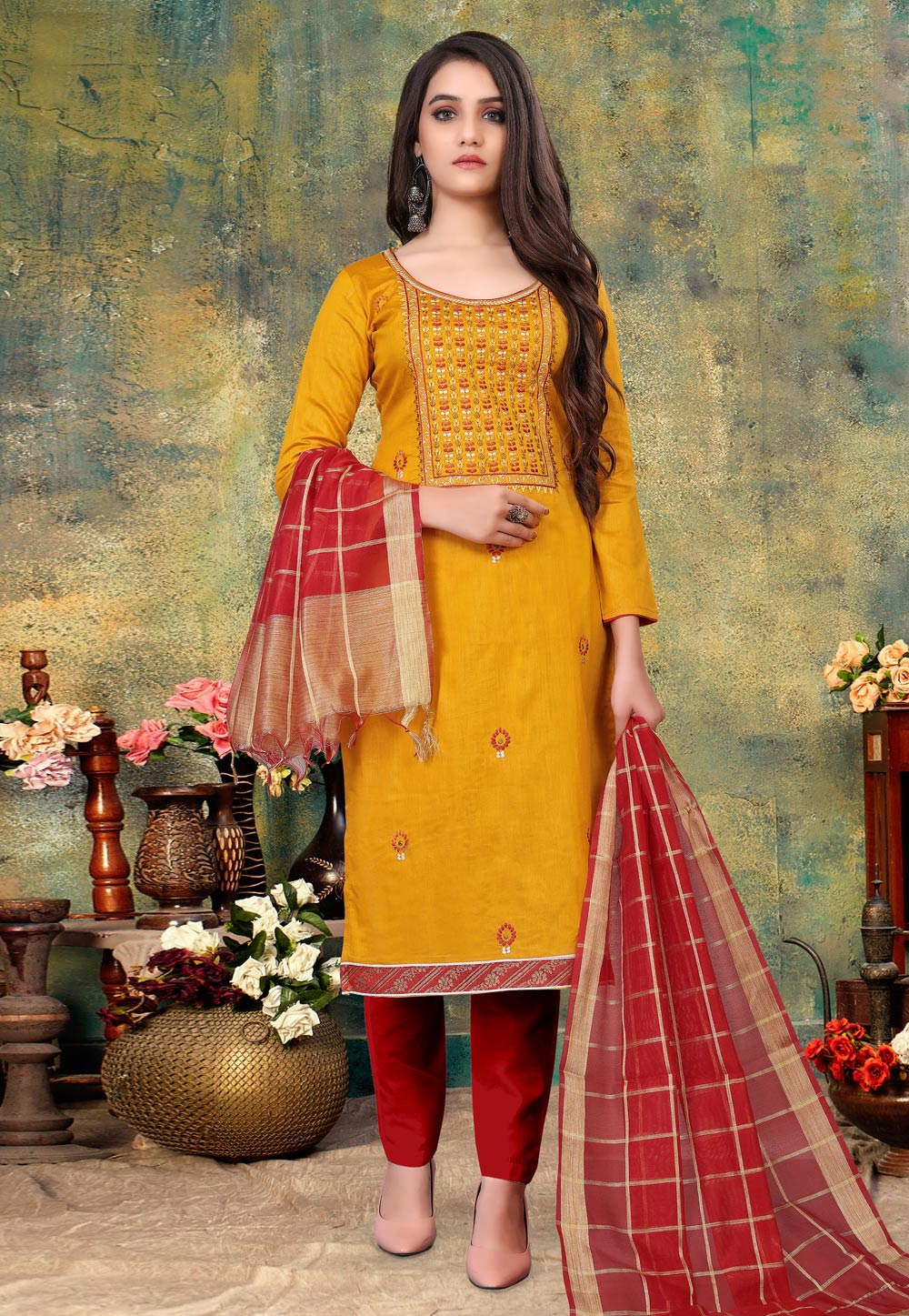 Yellow Cotton Kameez With Pant 233196