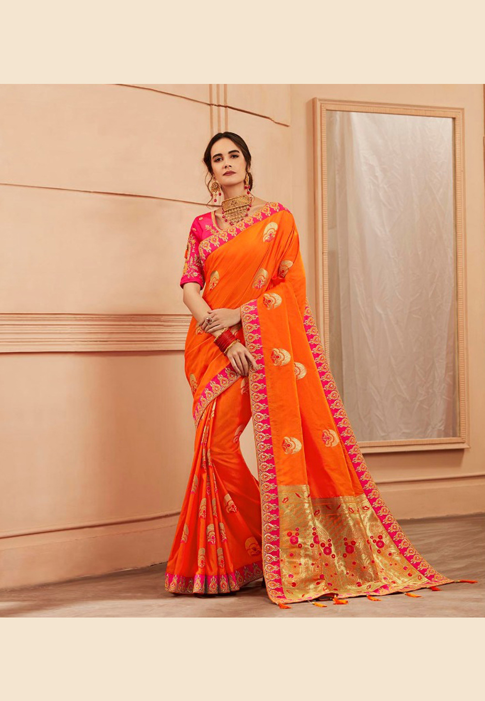 Orange Banarasi Silk Saree With Blouse 163516