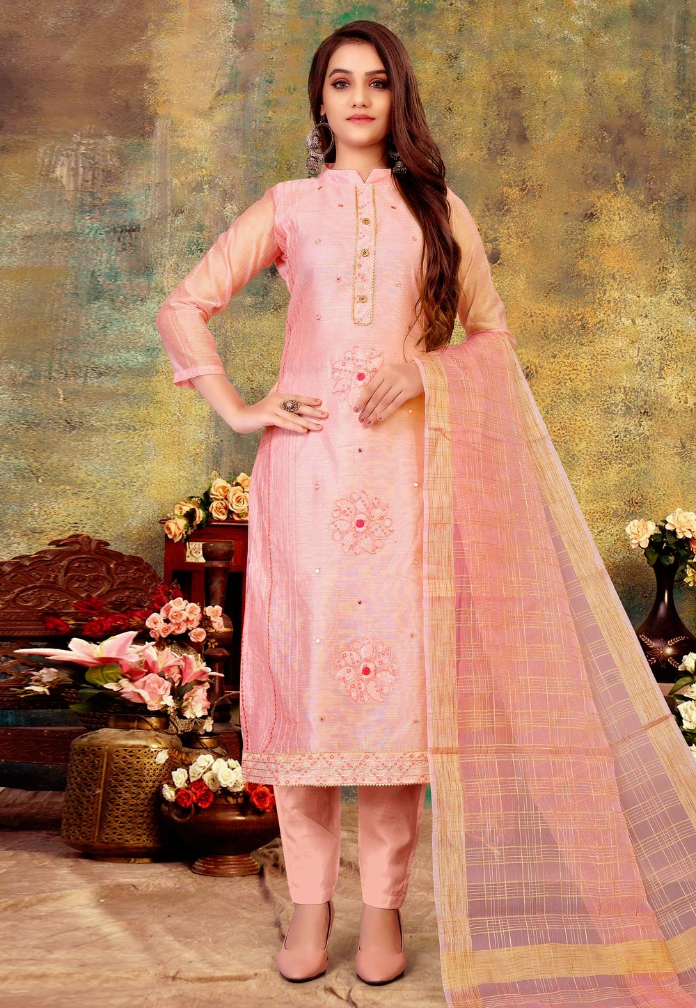 Pink Chanderi Pant Style Suit 233197