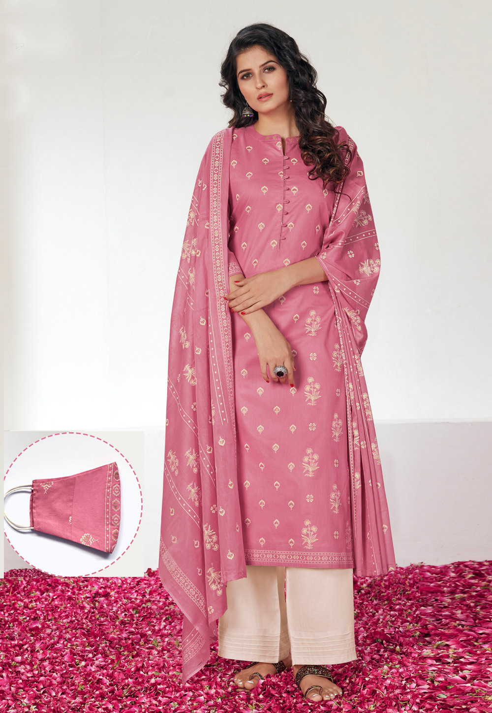 Pink Cotton Palazzo Suit With Face Mask 201877