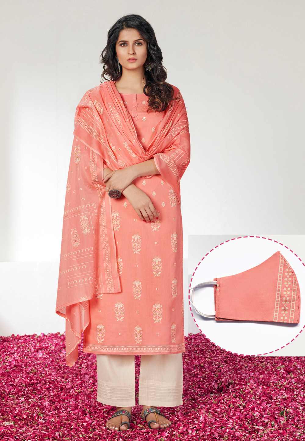 Peach Cotton Palazzo Suit With Face Mask 201879