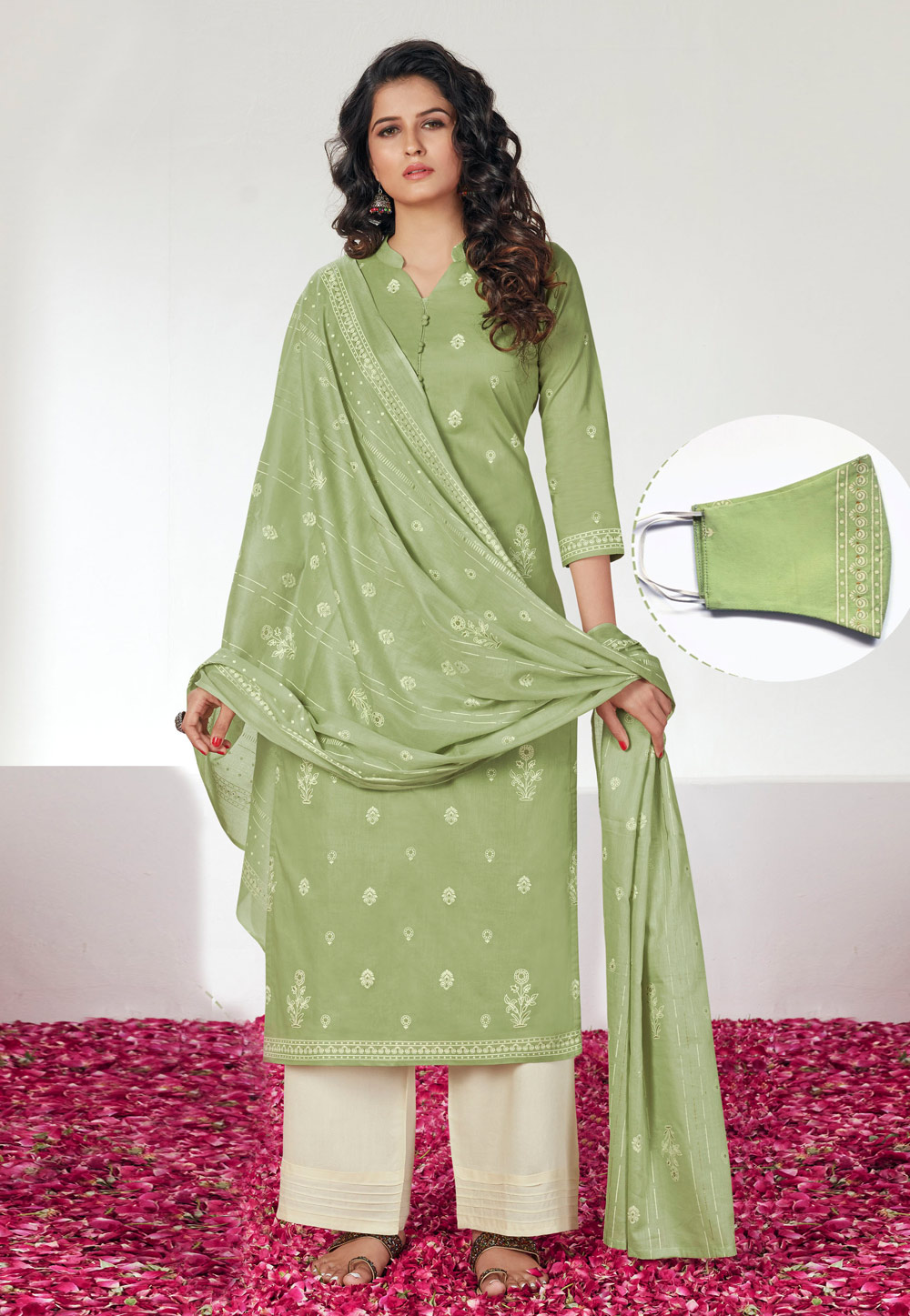 Light Green Cotton Straight Cut Suit With Face Mask 201880