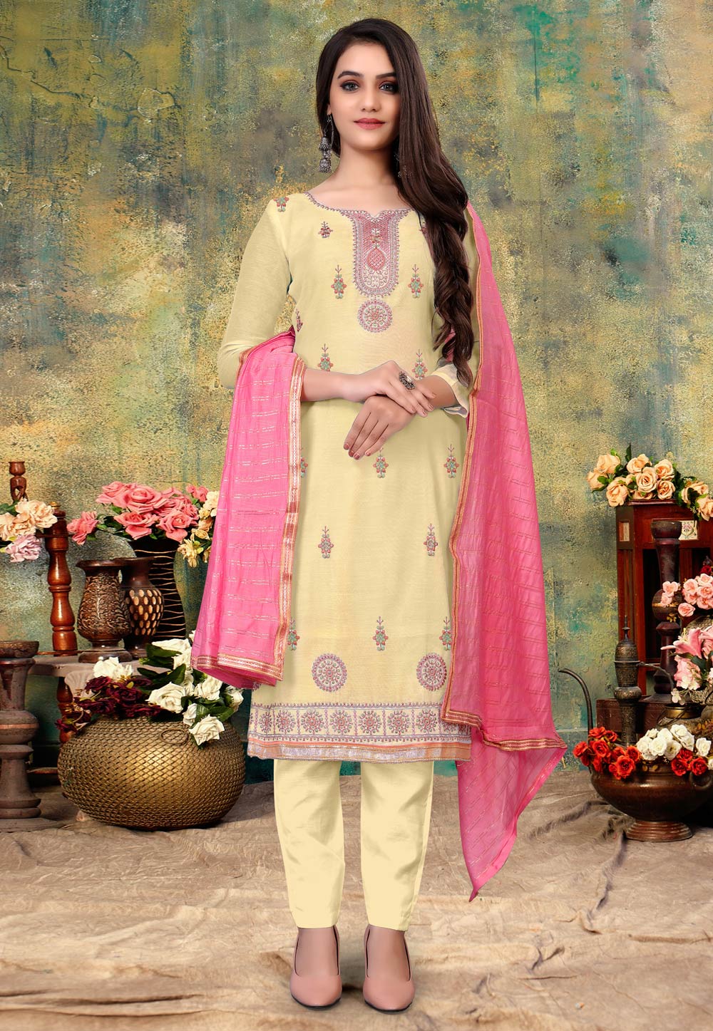 Yellow Chanderi Pant Style Suit 233201