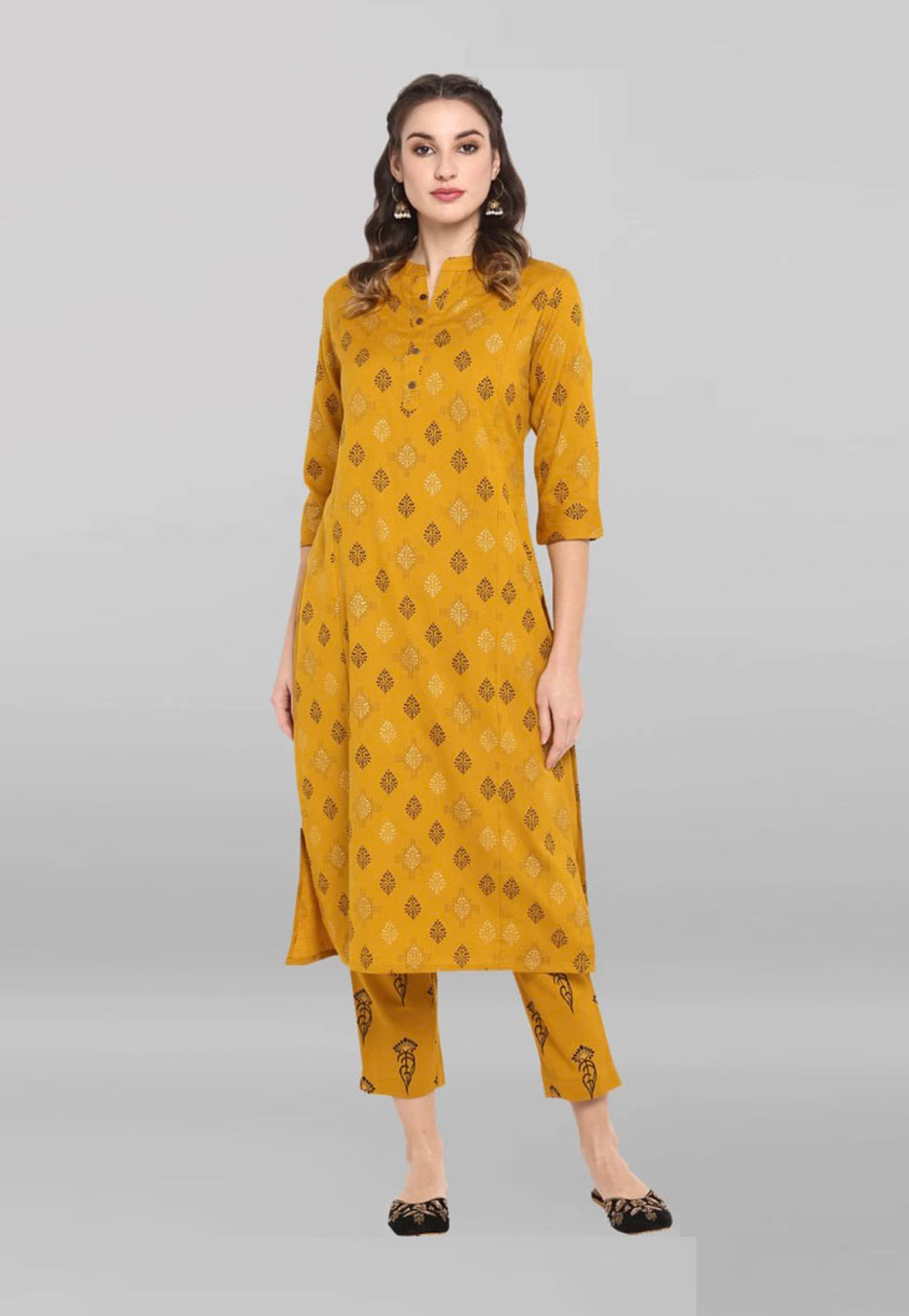 Mustard Cotton Readymade Pant Style Suit 203153