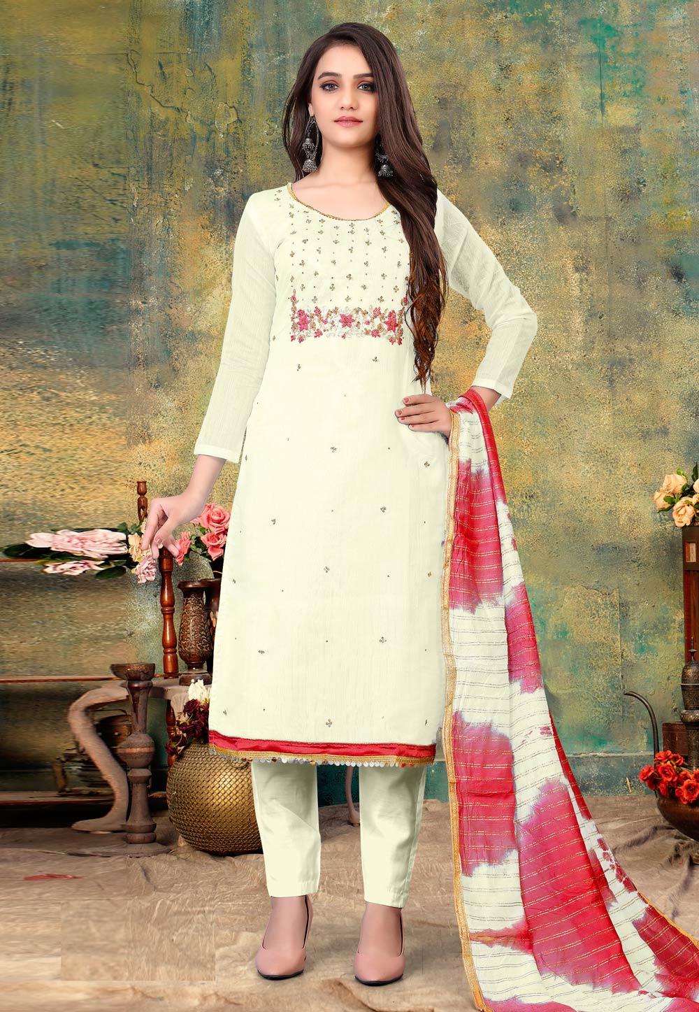 Off White Chanderi Pant Style Suit 233205