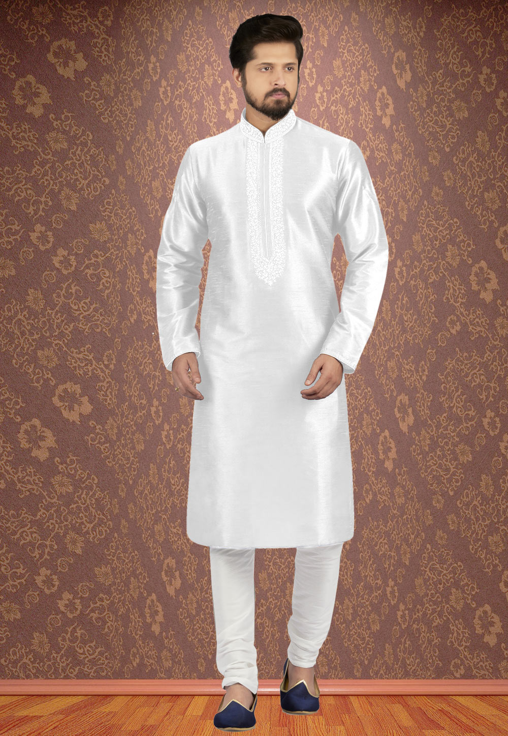White Dupion Silk Readymade Kurta Pajama 205900