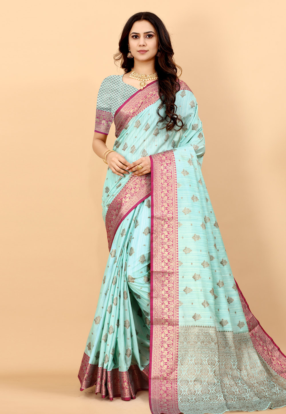 MIMOSA Art silk Wedding saree Kanjivarm Pattu style With Contrast Blouse  Color: Turquoise (4311-370-2D-AND-MST) : Amazon.in: Fashion