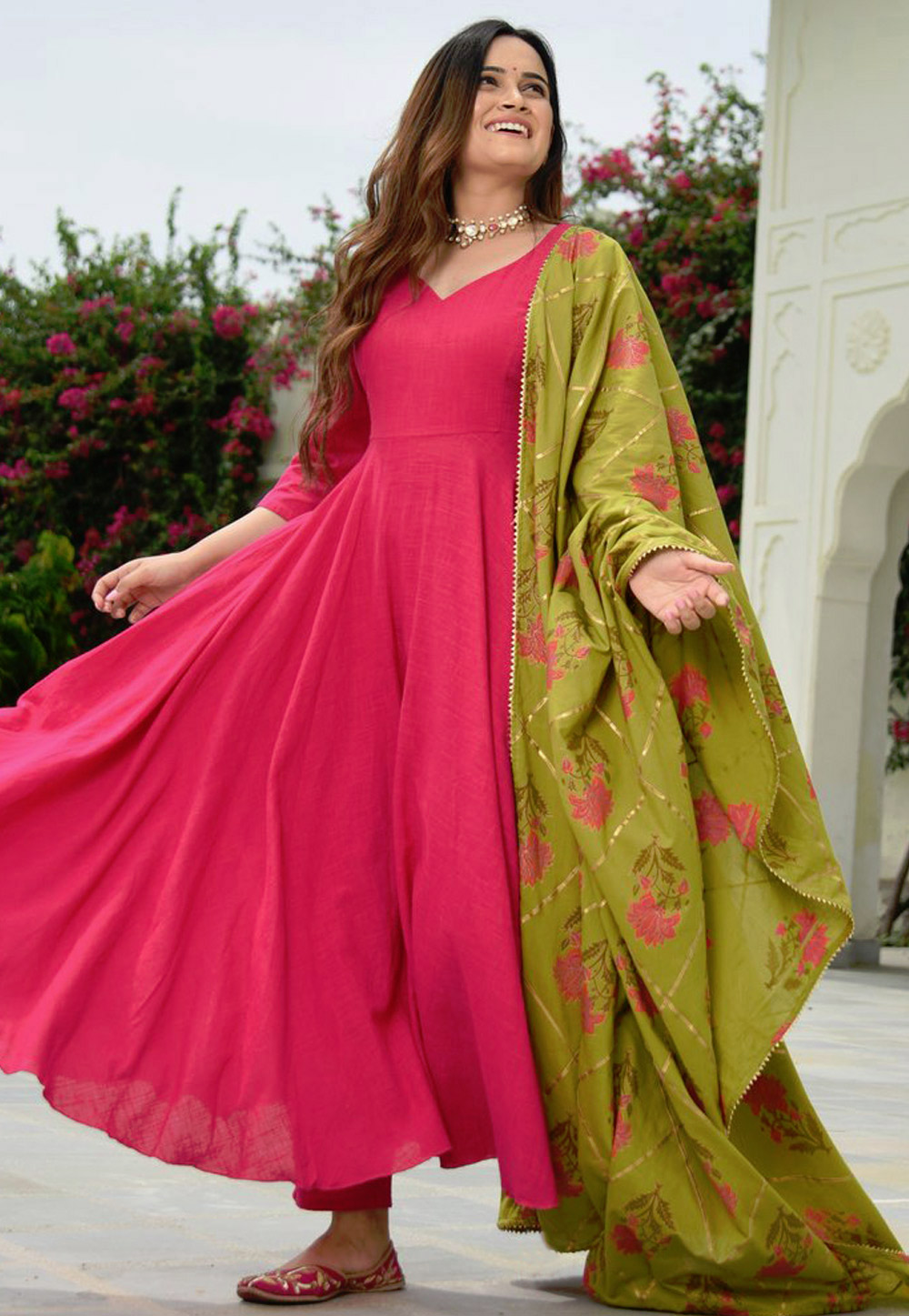 Pink Cotton Silk Abaya Style Anarkali Suit 206877