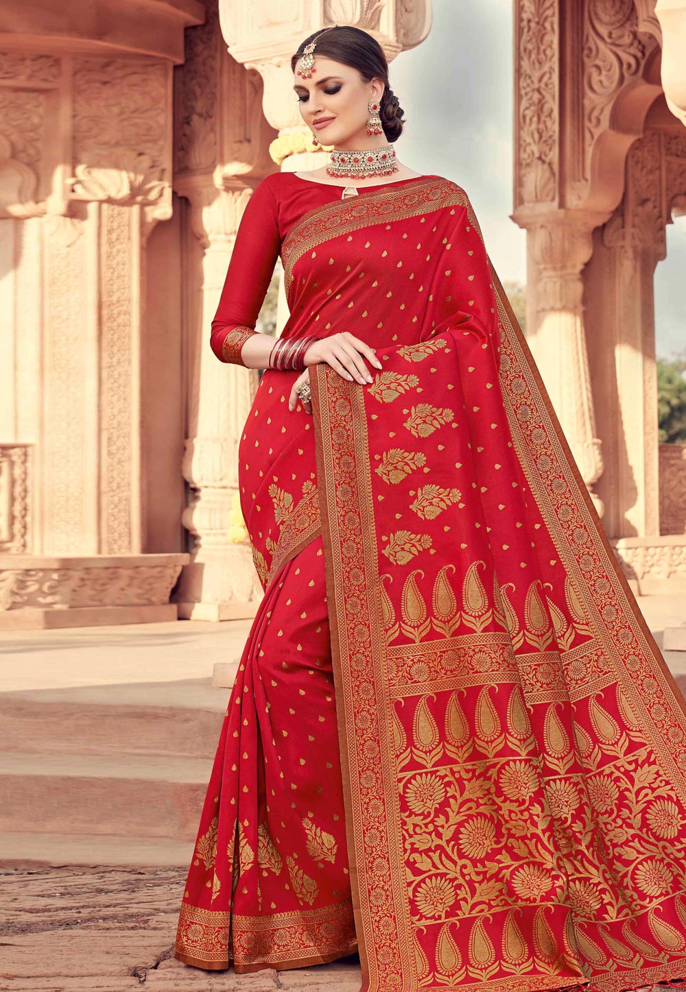 Red Jacquard Silk Festival Wear Saree 202543