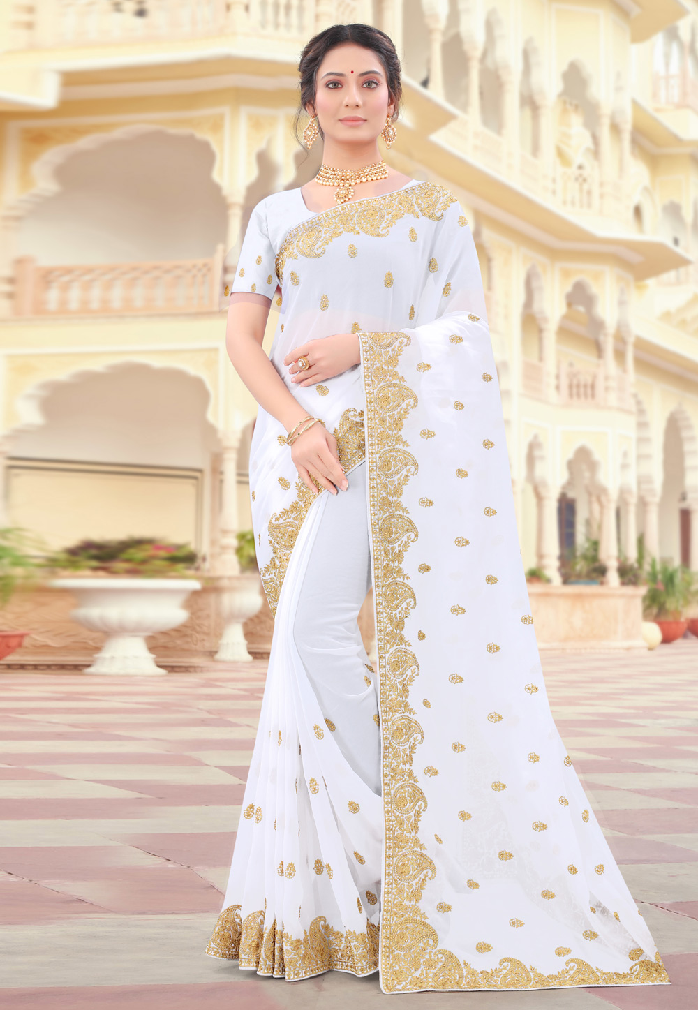 White Georgette Saree With Blouse 232558