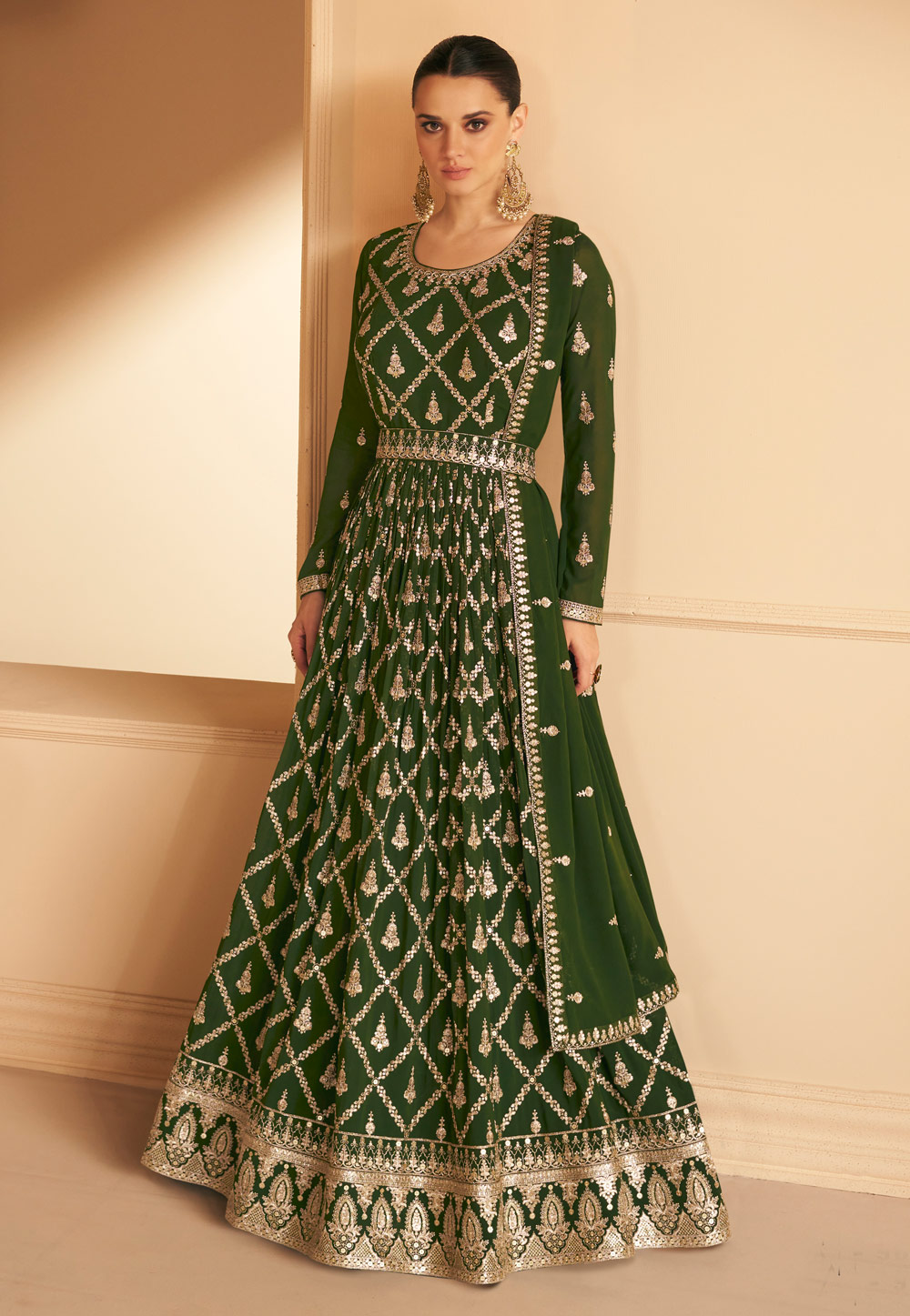 Mehndi Georgette Embroidered Long Anarkali Suit 267094