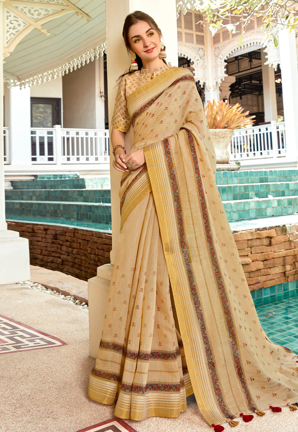 Beige Linen Saree With Blouse 202472