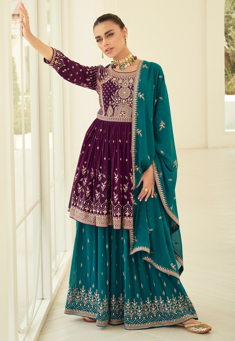 Teal Georgette Long Choli Lehenga 265743