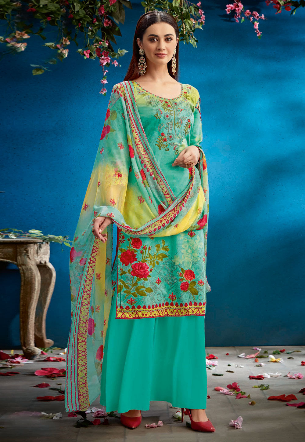 Turquoise Pure Cotton Kameez With Palazzo 202522