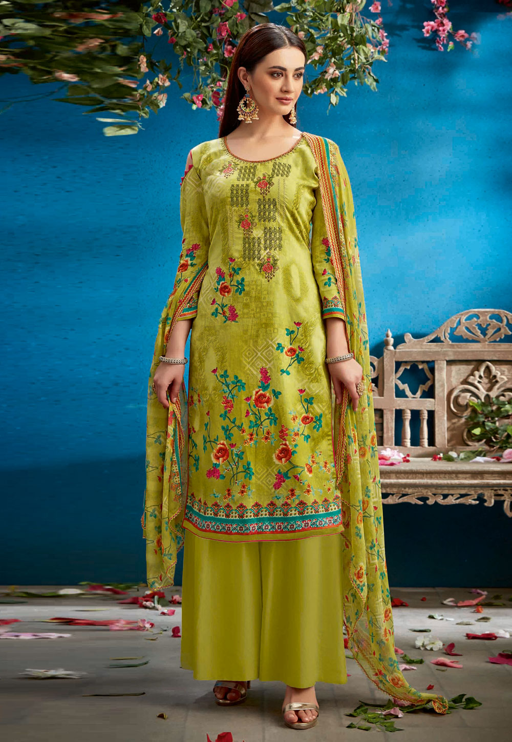 Green Pure Cotton Palazzo Suit 202523